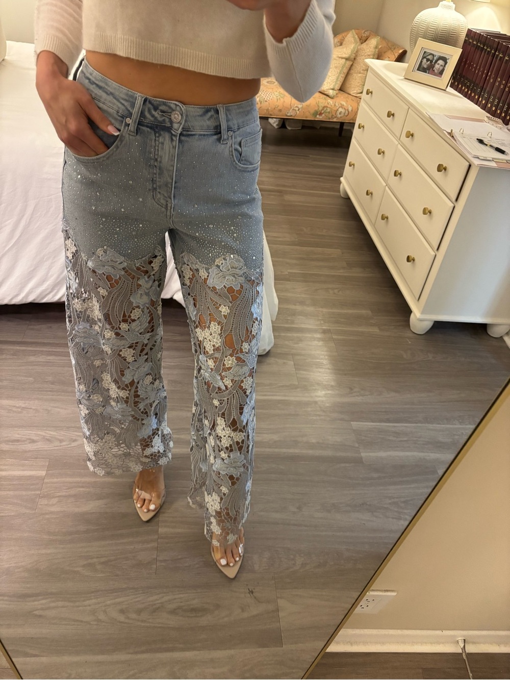 ✨ BAYEAS High Rise Rhinestone Lace Wide Leg Jeans - 27